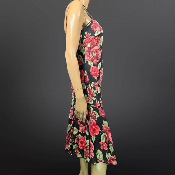 Vintage 90s Y2K Rose Print Black Midi Dress Size 8 Sleeveless Asymmetric Hem - Picture 8 of 9